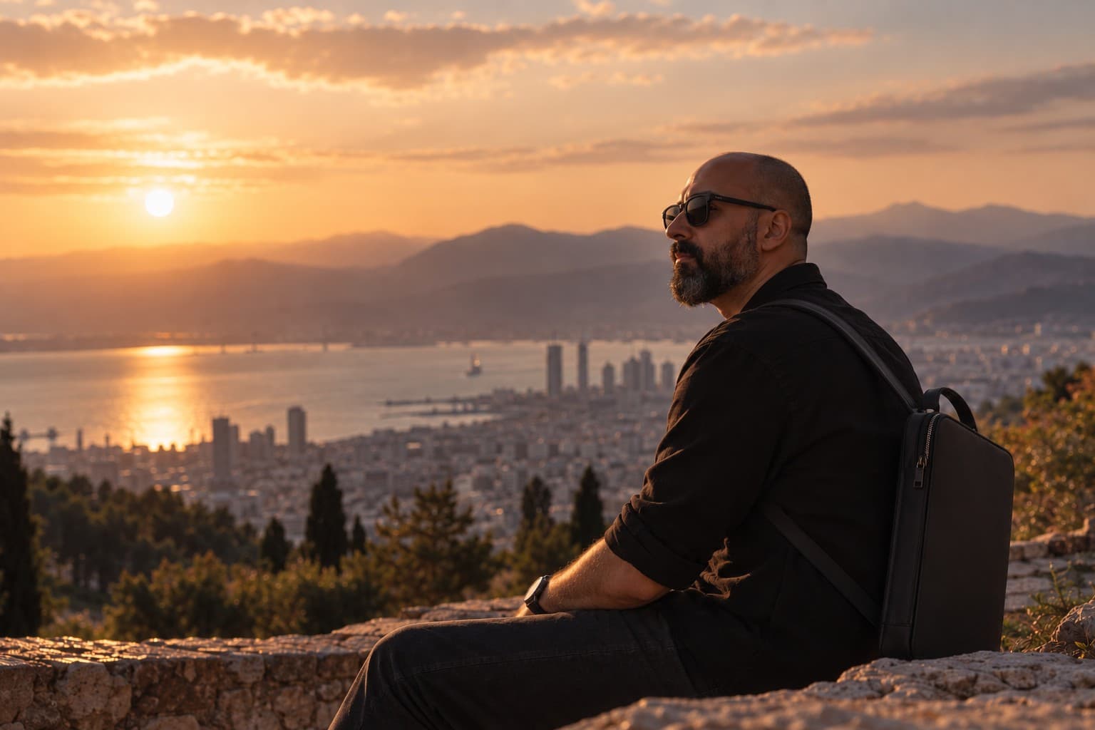 Kutalmış Berke Yılmaz at sunset, looking out over İzmir's bay