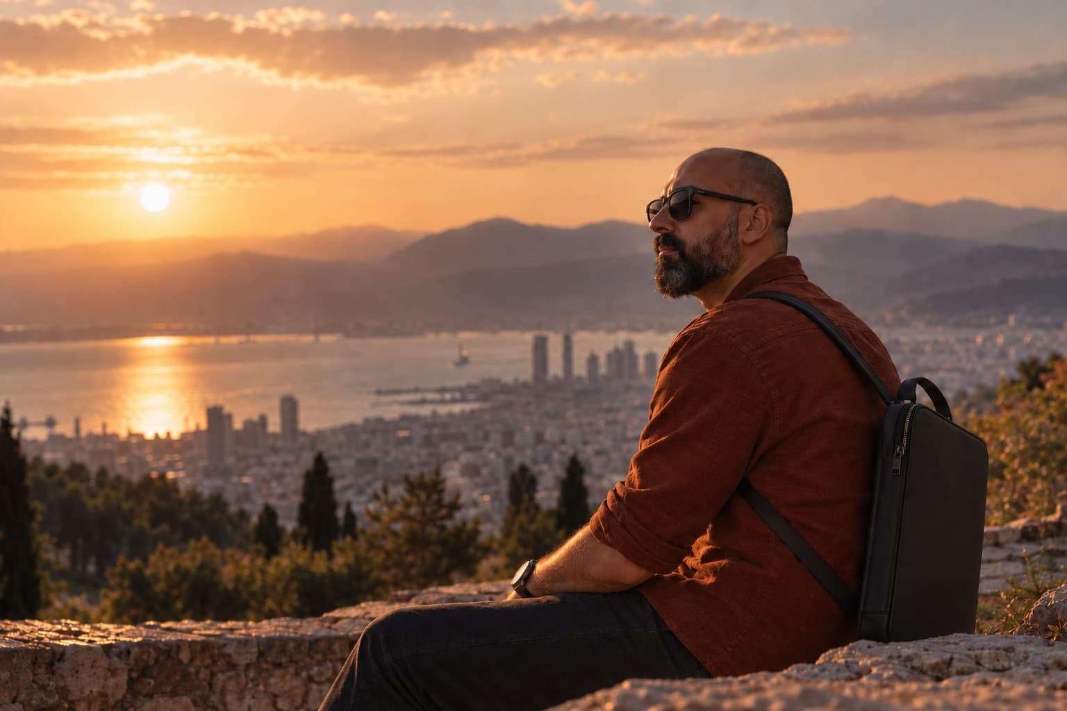 Kutalmış Berke Yılmaz at sunset, looking out over İzmir's bay
